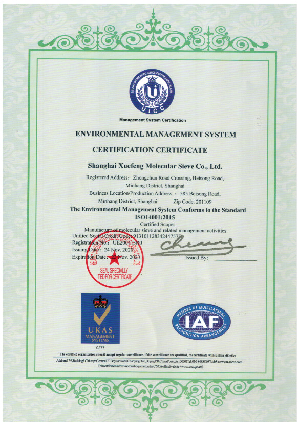 Porcellana Shanghai Snowpeak Molecular Sieves Co. Ltd Certificazioni