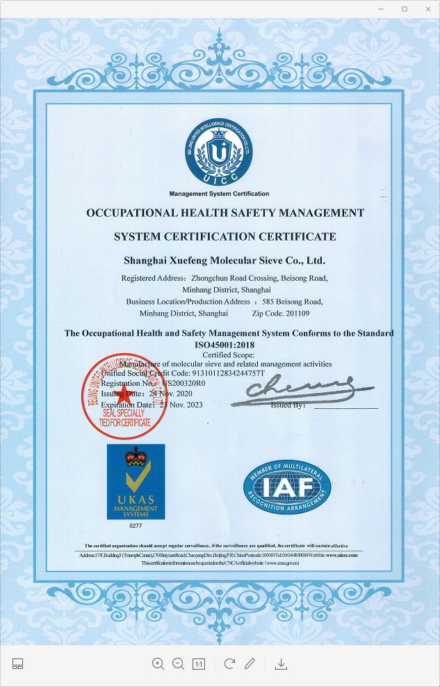 Porcellana Shanghai Snowpeak Molecular Sieves Co. Ltd Certificazioni